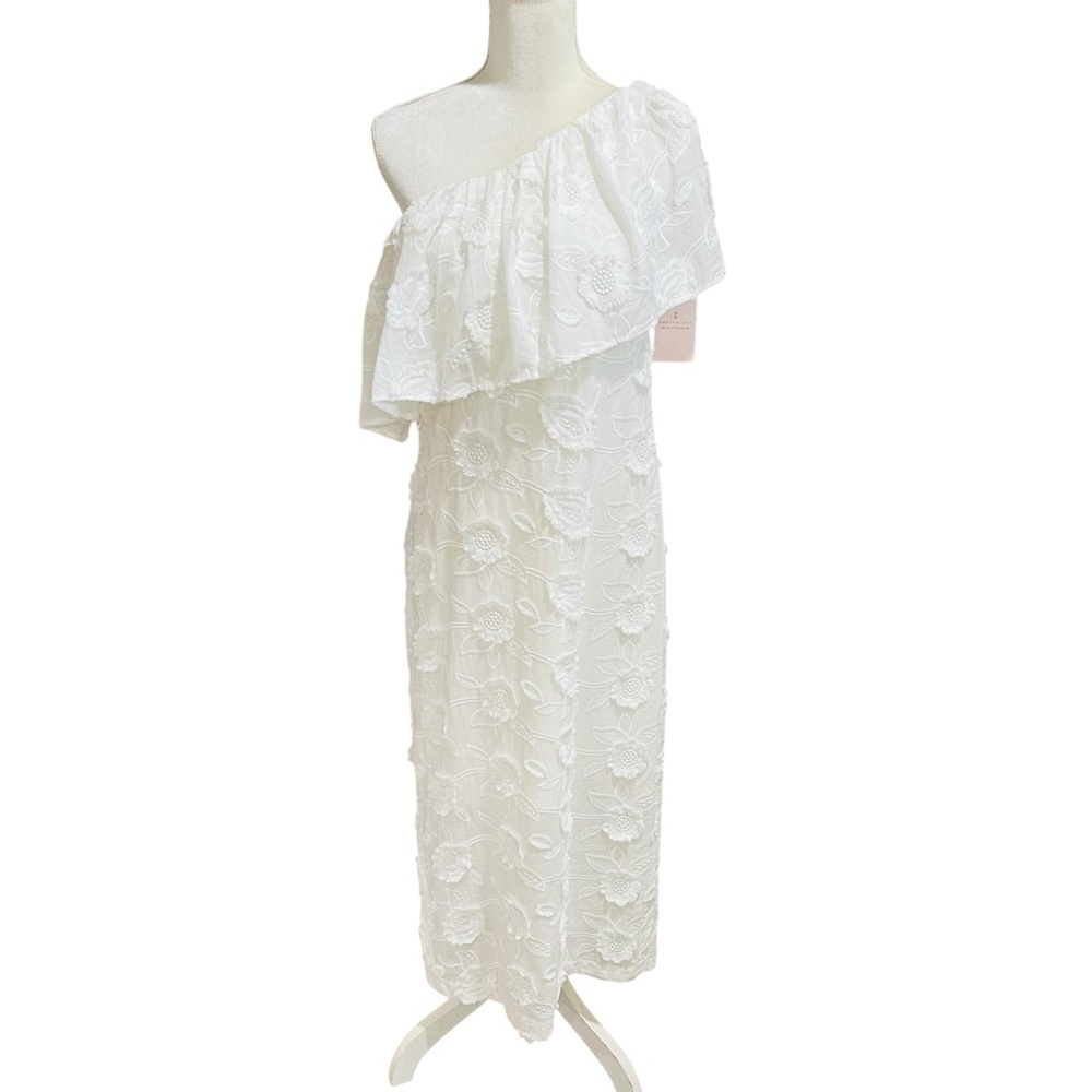 Abbey Glass Sutton Lace 3D Floral Ruffle One Shoulder Midi Dress White NWT $185 - Picture 4 of 14